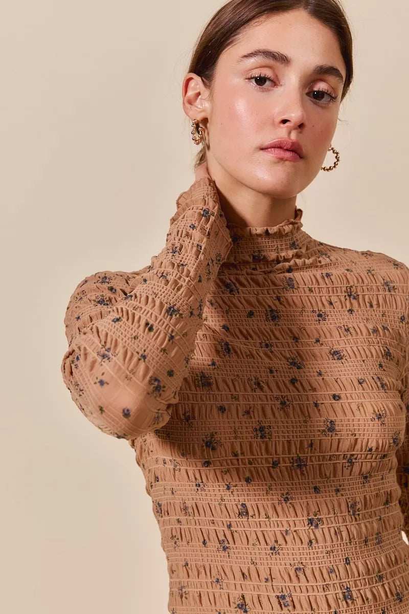 SO ME Floral Print Textured Long Sleeve Knit Top - Trendsi - Flyclothing LLC