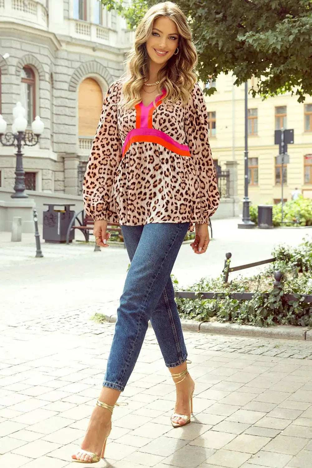 Leopard V-Neck Balloon Sleeve Blouse - Trendsi - Flyclothing LLC