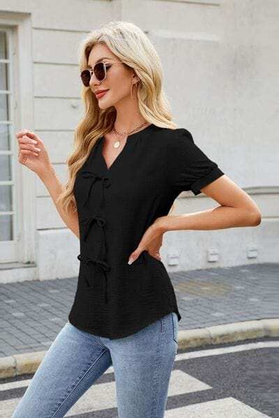 Bow Notched Short Sleeve Blouse - Trendsi - Flyclothing LLC