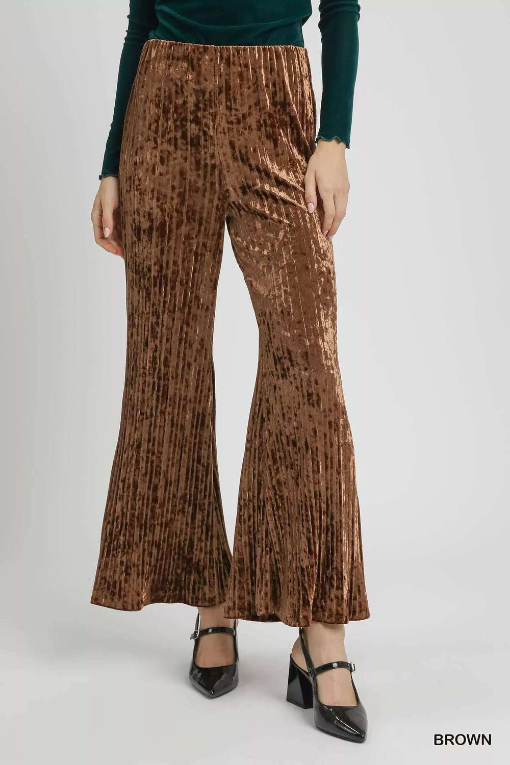 Umgee Velvet Pleated Wide Leg Pants - Trendsi - Flyclothing LLC