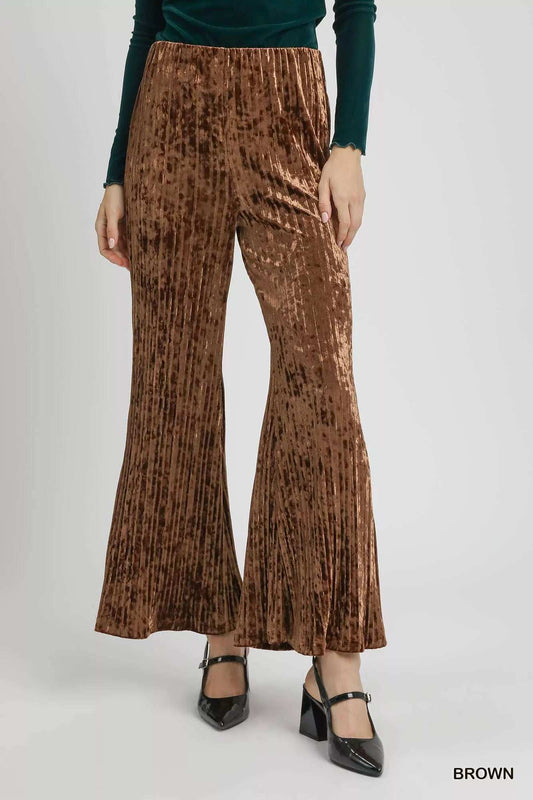Umgee Velvet Pleated Wide Leg Pants - Trendsi - Flyclothing LLC