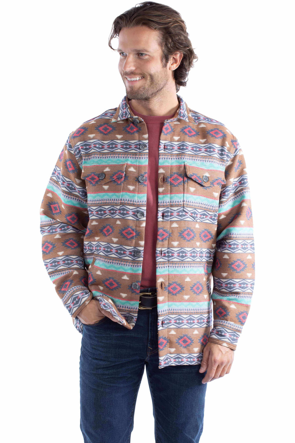 farthest point brown 100% cotton southwest shirt-jacket - Scully Leather - Flyclothing LLC