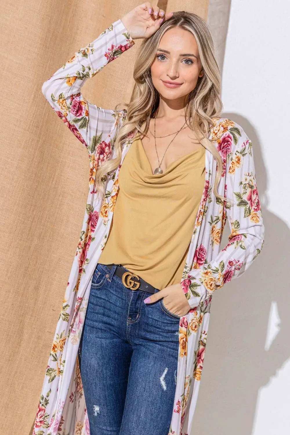 And The Why Floral Kimono Open Front Longline Cardigan - Trendsi - Flyclothing LLC
