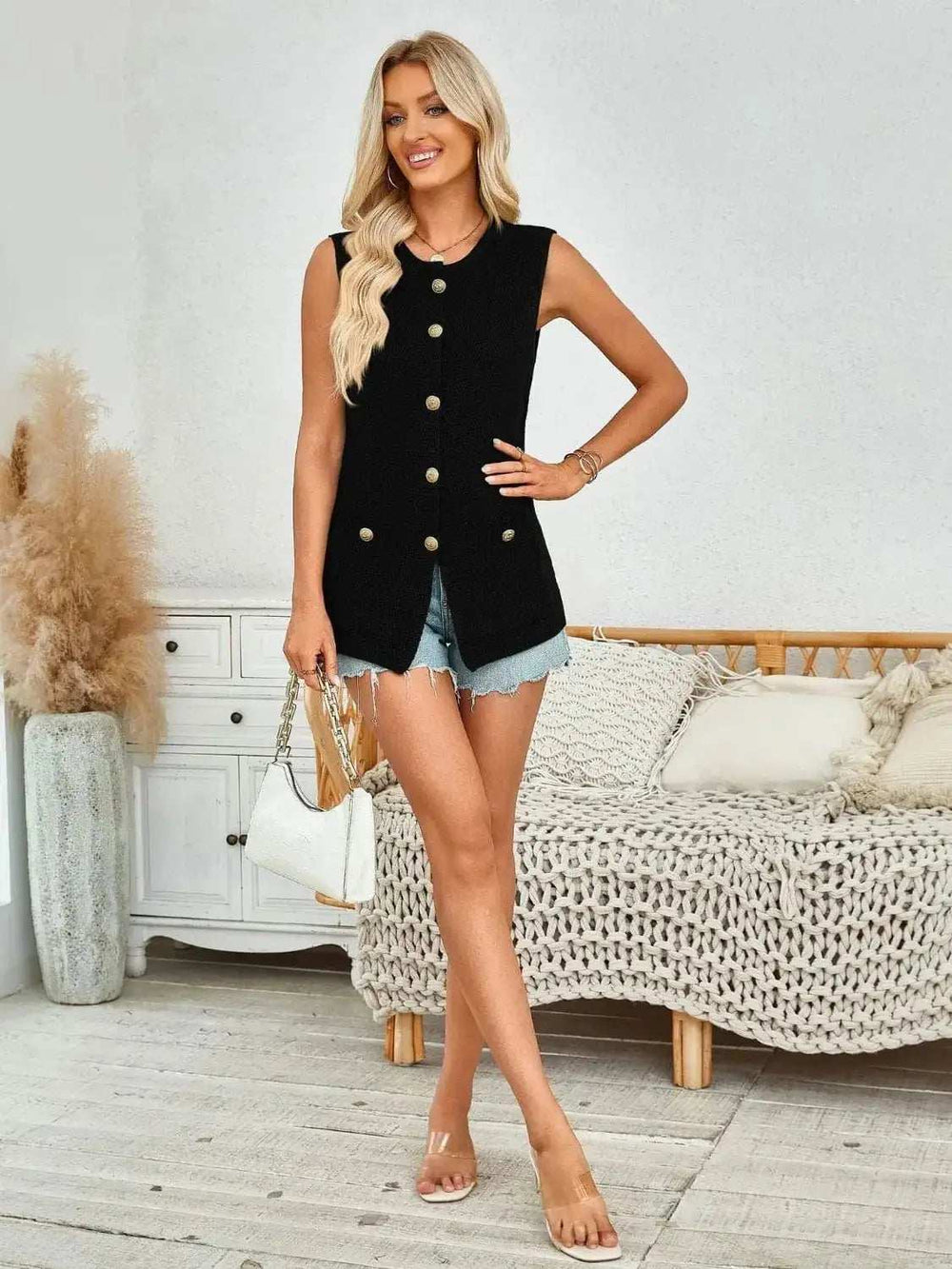 Button Down Round Neck Knit Vest - Trendsi - Flyclothing LLC
