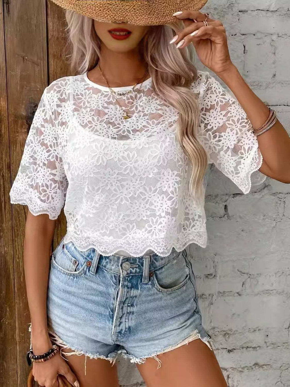 Flower Texture Round Neck Short Sleeve Top - Trendsi - Flyclothing LLC