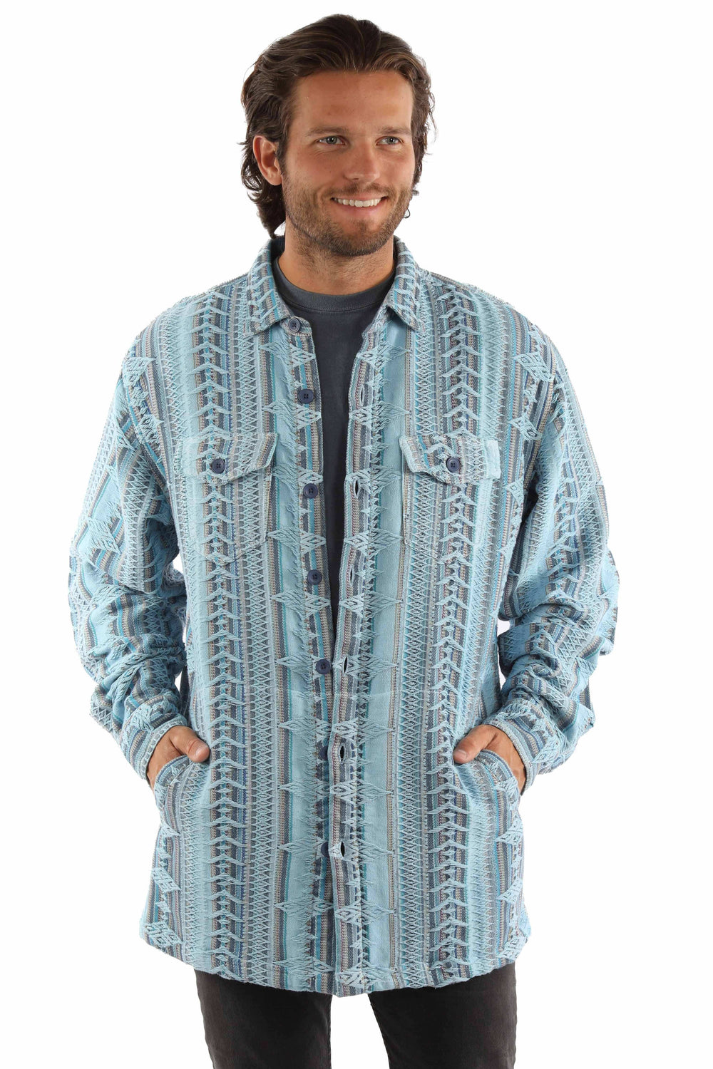 farthest point blue 100% cotton heavy jacquard stripe shirt-jacket - Scully Leather - Flyclothing LLC