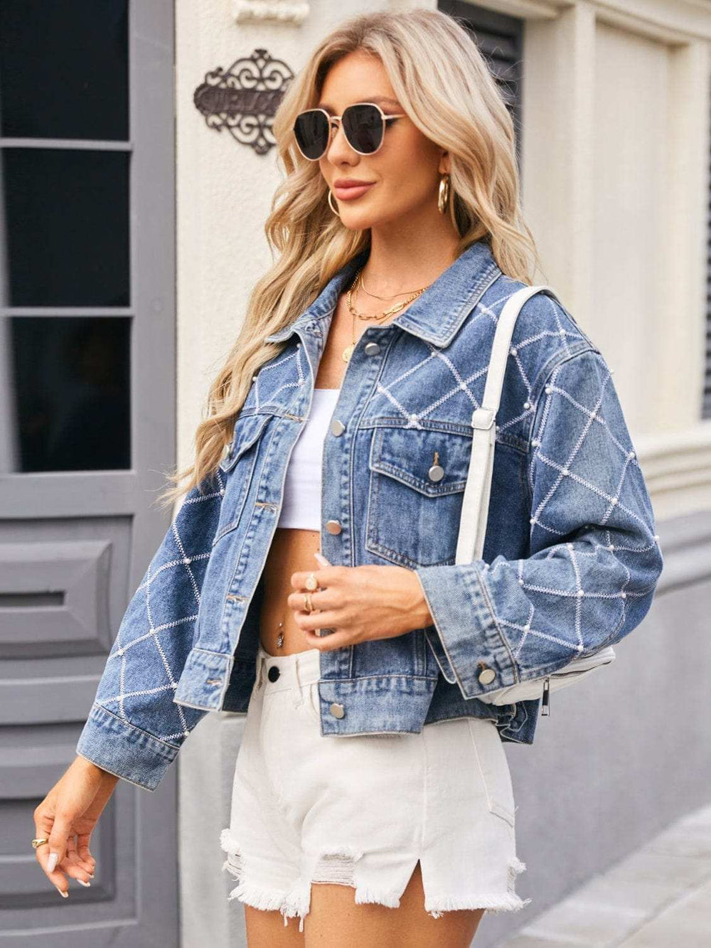 Pearl Trim Long Sleeve Denim Jacket - Trendsi - Flyclothing LLC
