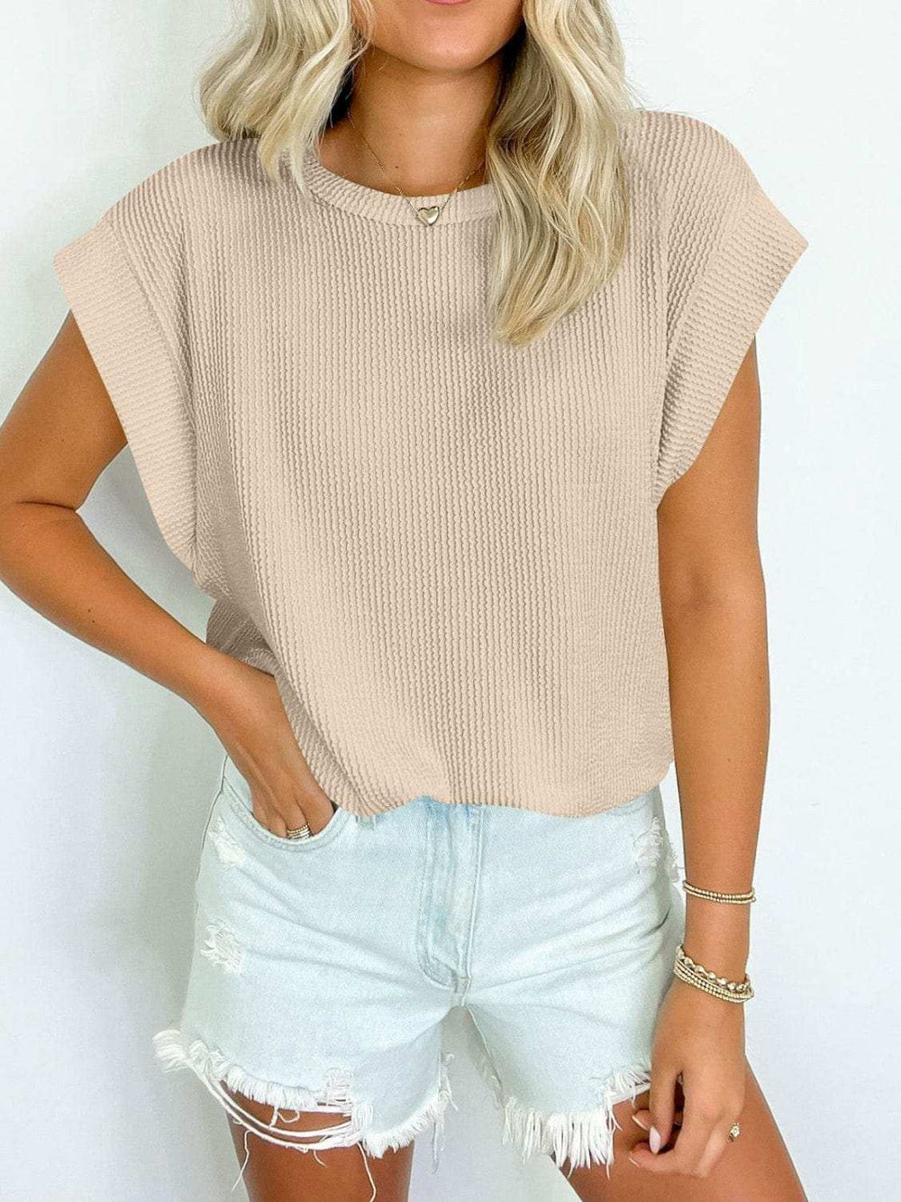 Textured Round Neck Cap Sleeve Blouse - Trendsi - Flyclothing LLC