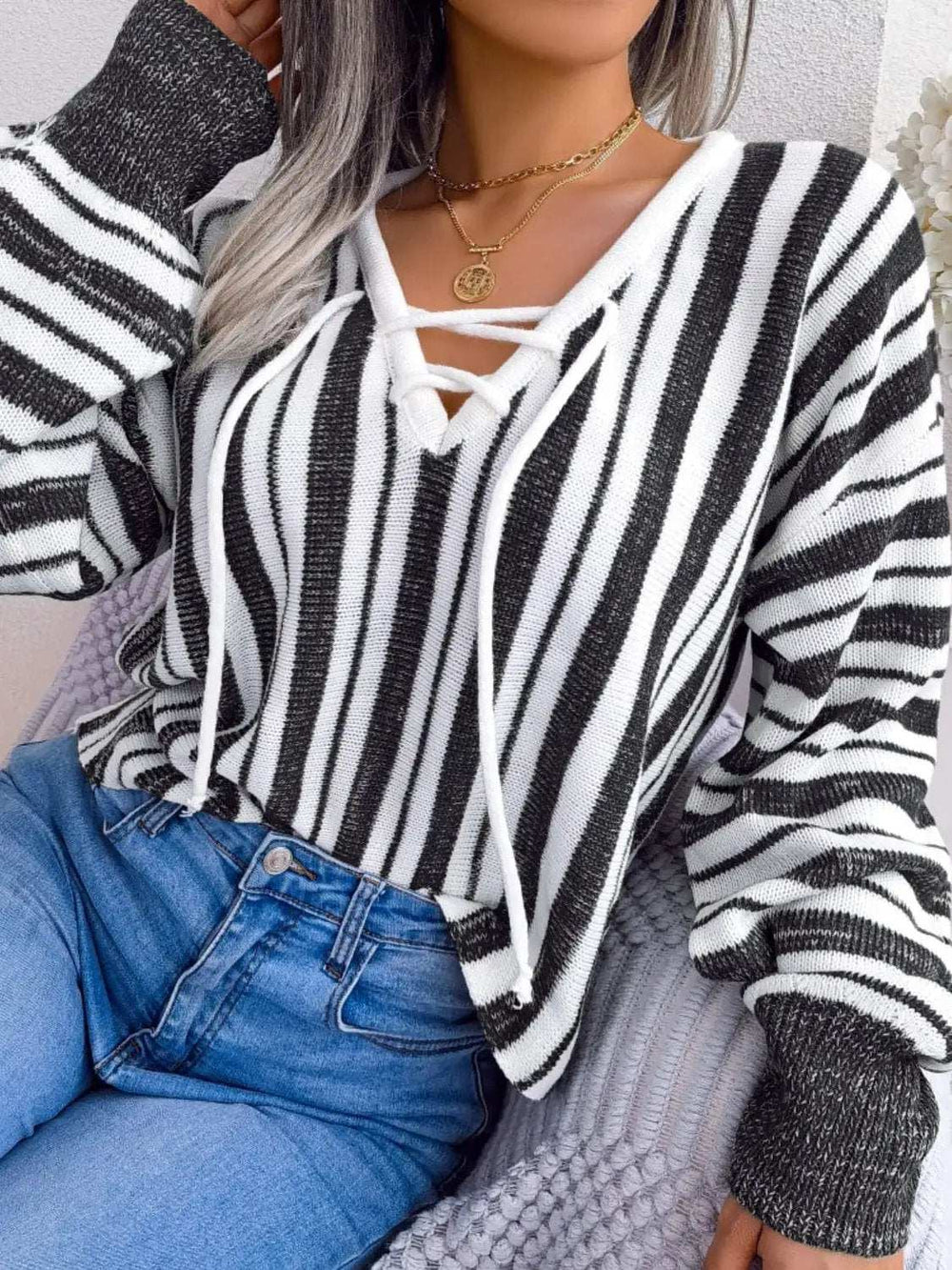 Striped Lace-Up Long Sleeve Sweater - Trendsi - Flyclothing LLC