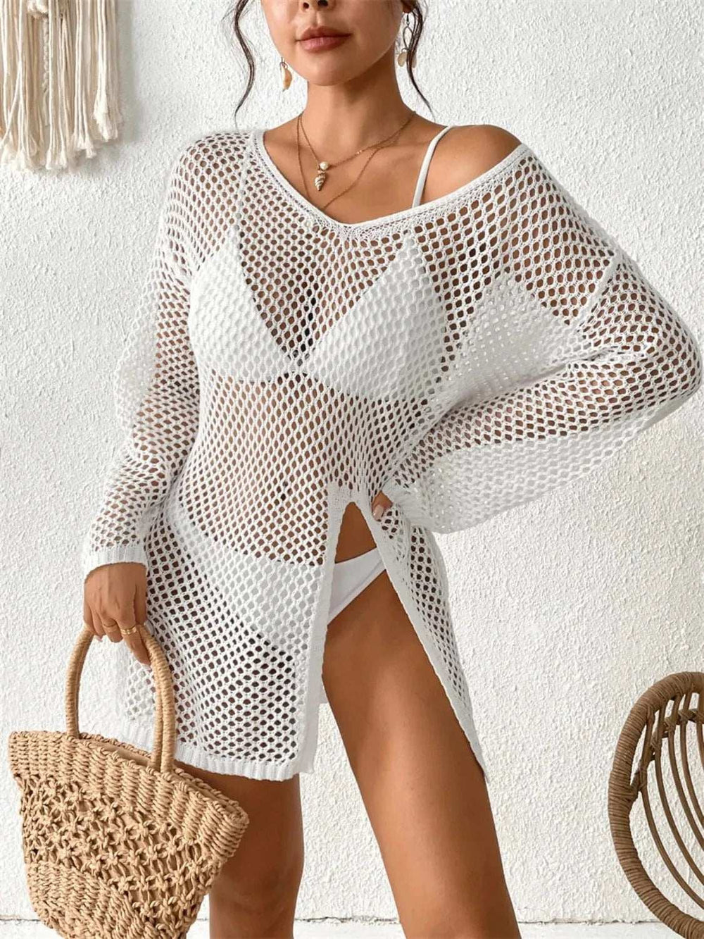 Openwork V-Neck Slit Cover-Up - Trendsi - Flyclothing LLC
