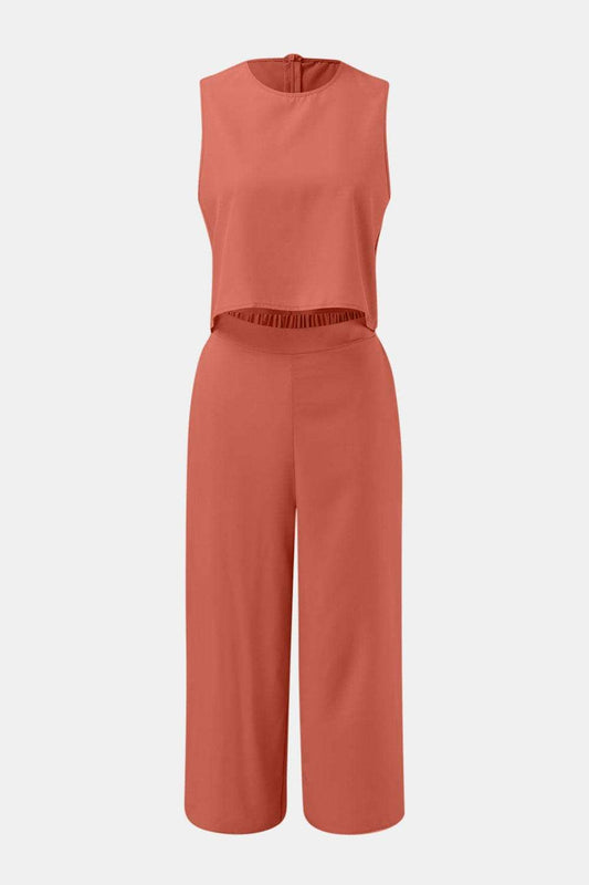 Round Neck Top and Wide Leg Pants Set - Trendsi - Flyclothing LLC