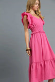 Umgee V-Neck Ruffled Cap Sleeve Midi Dress - Trendsi - Flyclothing LLC