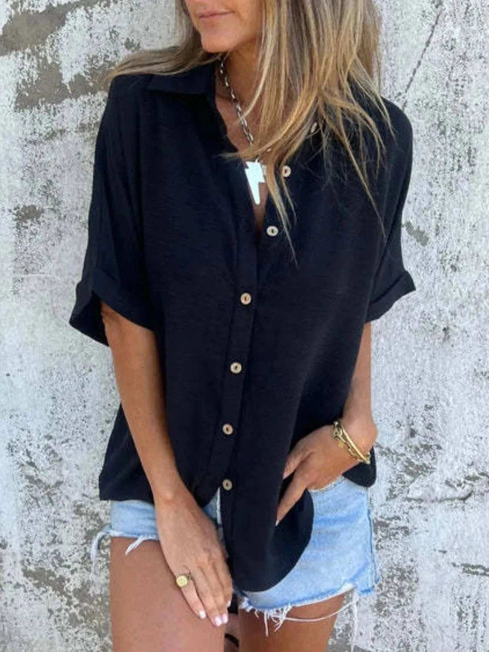 Full Size Collared Neck Half Sleeve Shirt Plus Size - Trendsi - Flyclothing LLC
