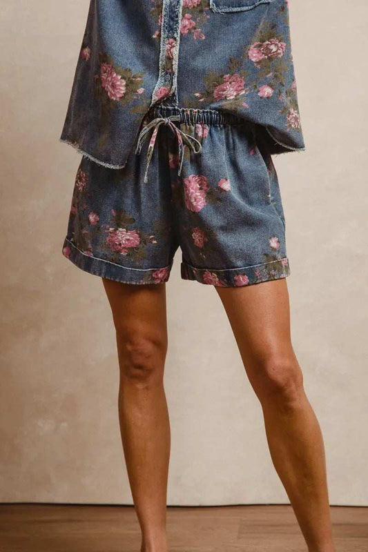 BiBi Floral Printed Denim Short Pants With Pocket - Trendsi - Flyclothing LLC