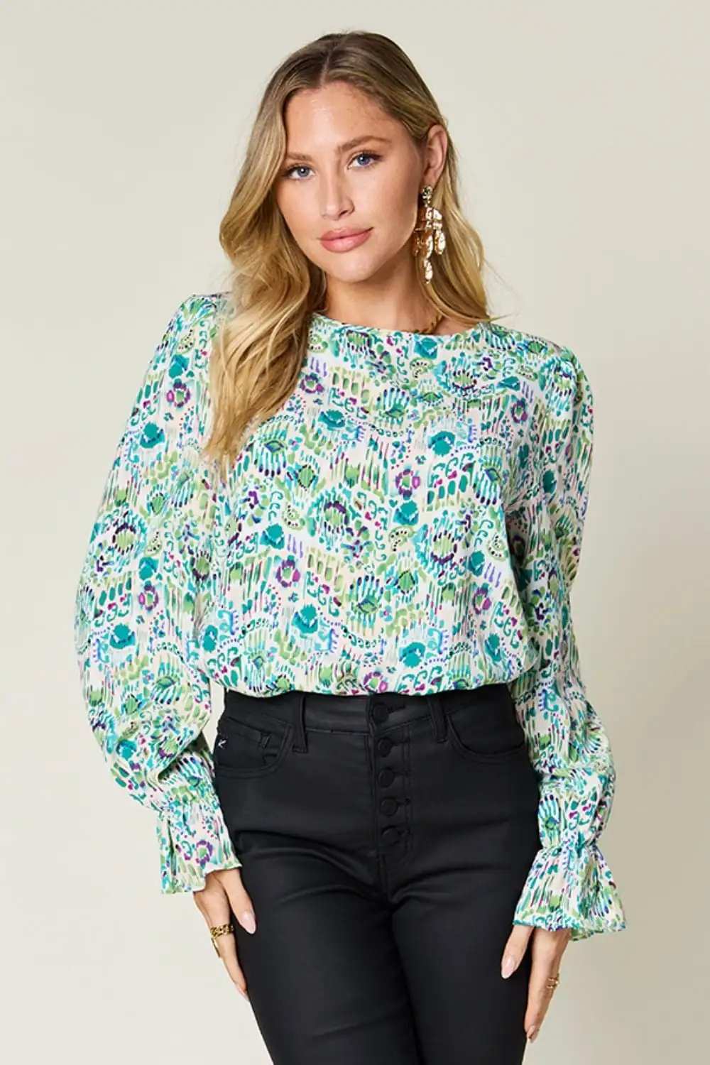 Double Take Full Size Printed Flounce Sleeve Blouse - Trendsi - Flyclothing LLC