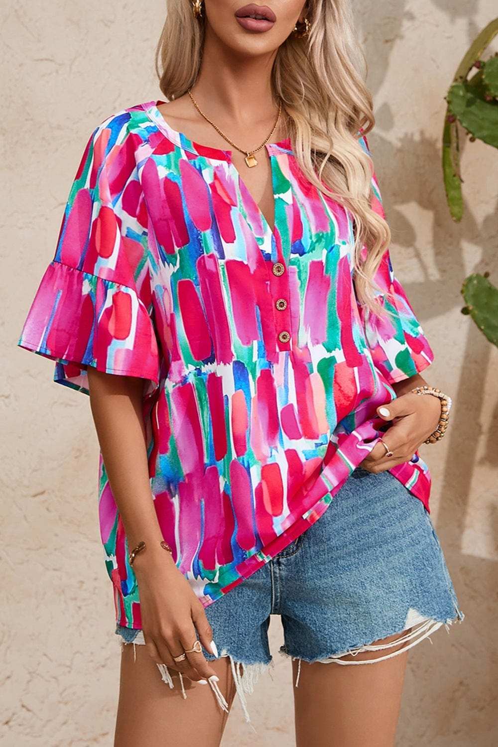 Printed Notched Half Sleeve Blouse - Trendsi - Flyclothing LLC