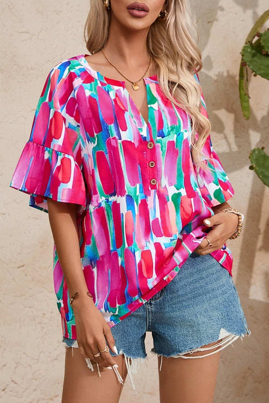 Printed Notched Half Sleeve Blouse - Trendsi - Flyclothing LLC