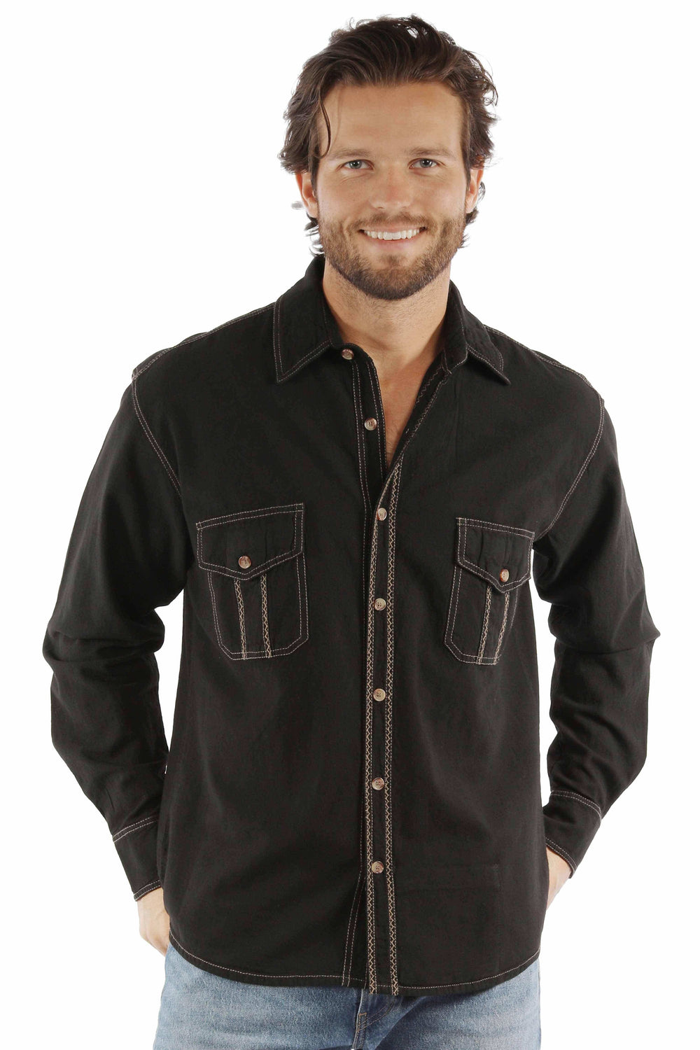 farthest point black 100% cotton l/s button front w/contrast stitch - Scully Leather - Flyclothing LLC