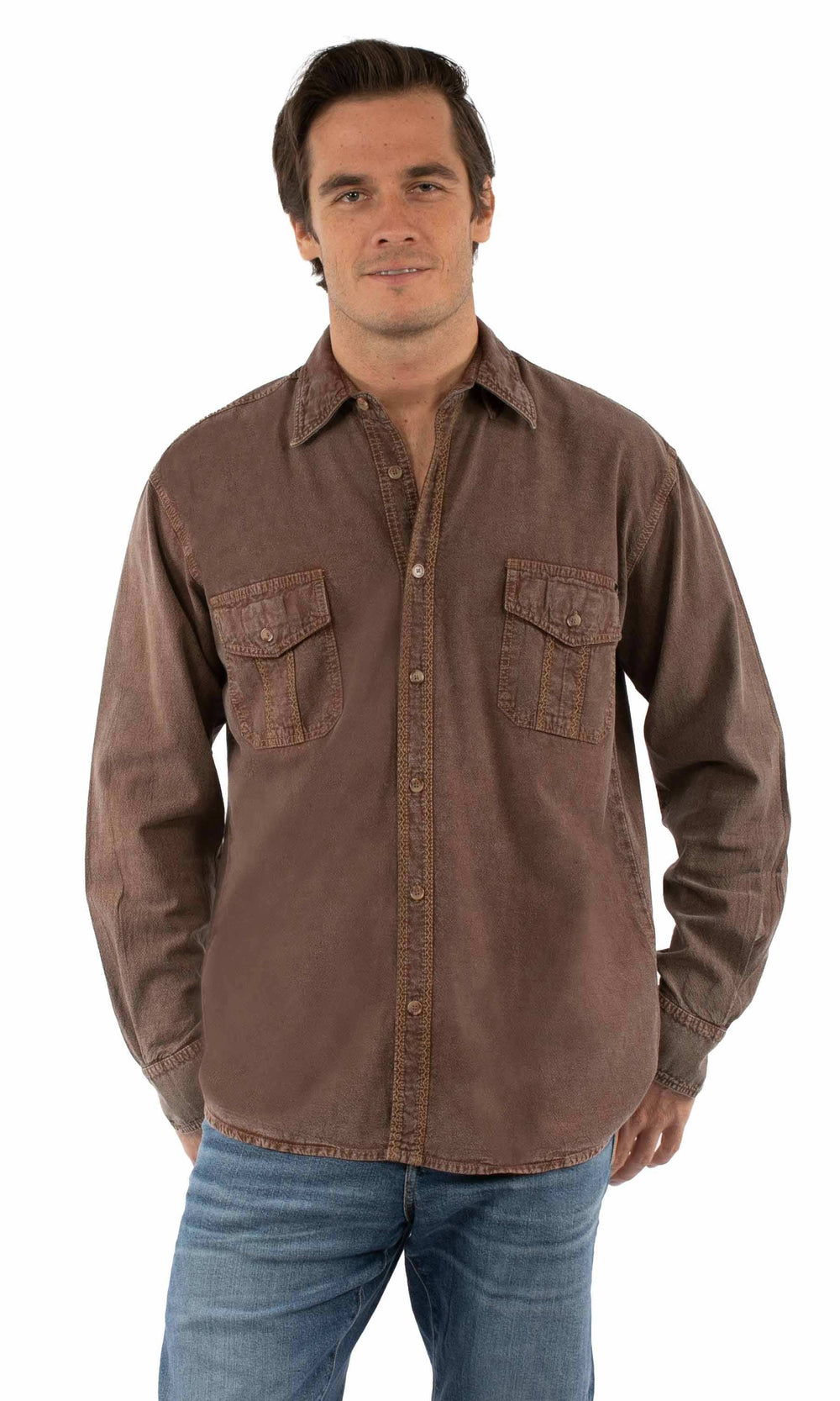 farthest point lt latte 100% cotton l/s button front w/contrast stitch - Scully Leather - Flyclothing LLC