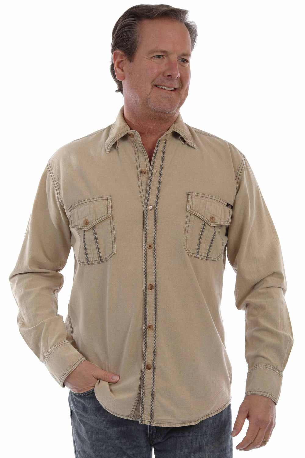 farthest point stone 100% cotton l/s button front w/contrast stitch - Scully Leather - Flyclothing LLC
