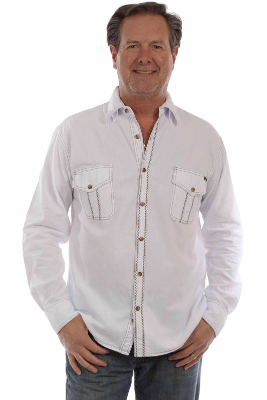 farthest point white 100% cotton l/s button front w/contrast stitch - Scully Leather - Flyclothing LLC