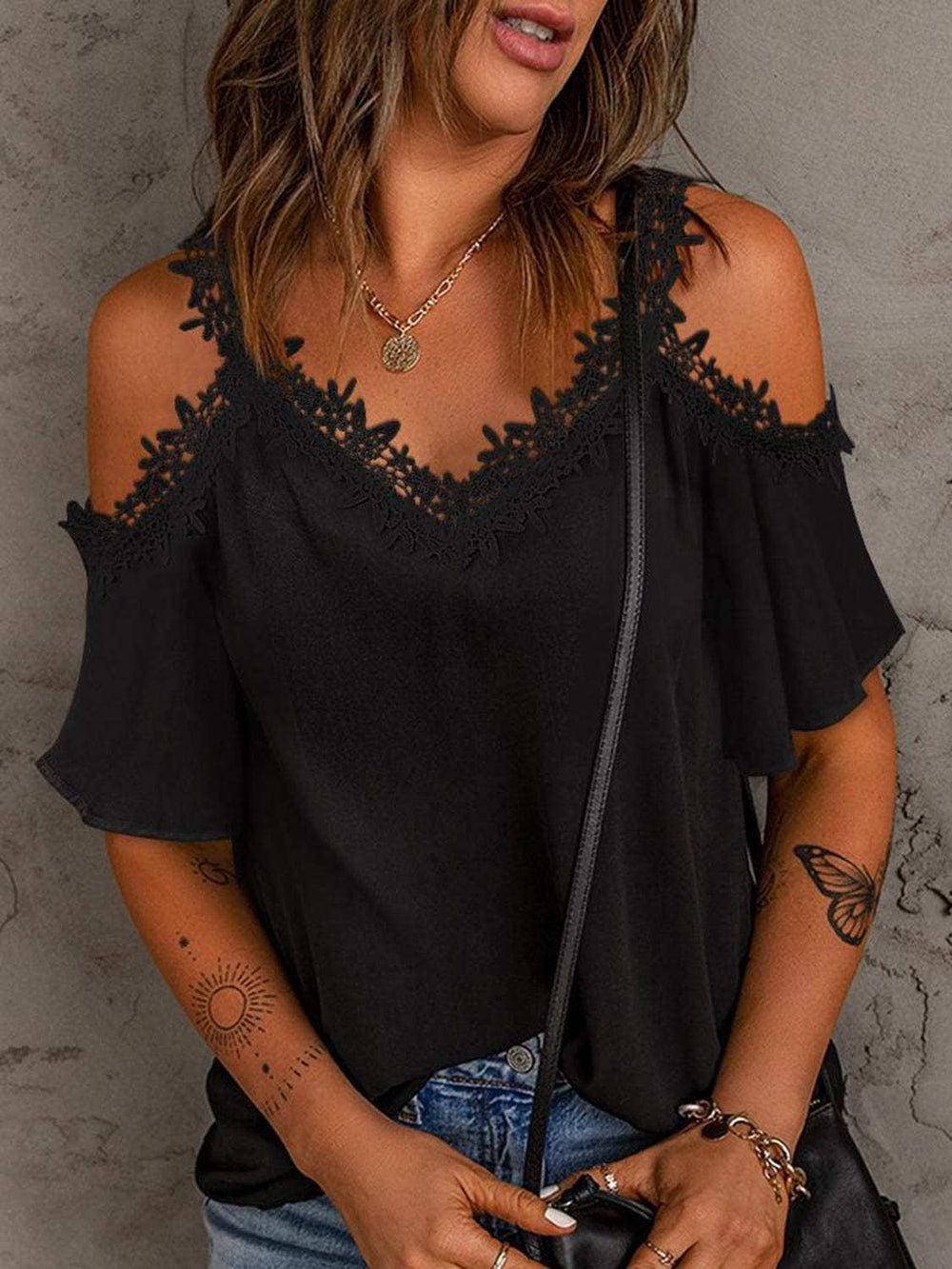 Lace Detail V-Neck Half Sleeve Blouse - Trendsi - Flyclothing LLC