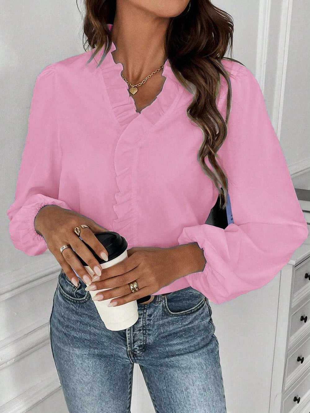 Ruffled V-Neck Long Sleeve Blouse - Trendsi - Flyclothing LLC