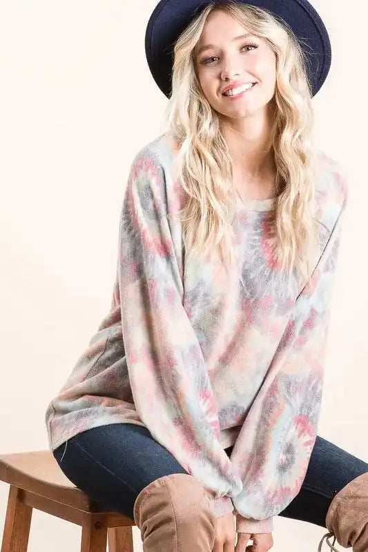 BiBi Brushed Tie Dye Print Top with Puff Sleeves - Trendsi - Flyclothing LLC