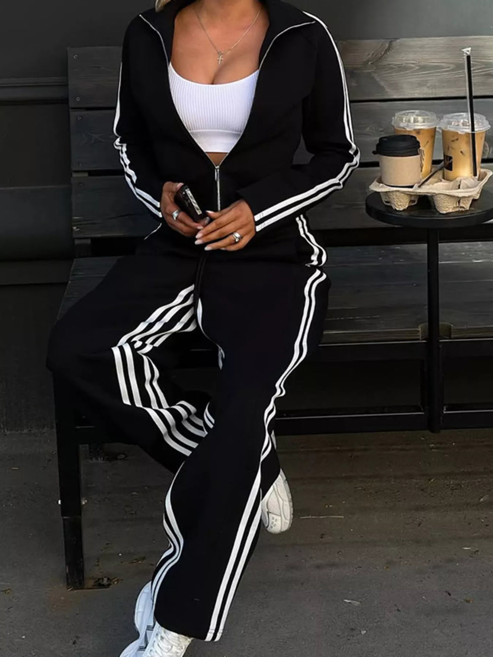 Striped Zip Up Top and Pants Set - Trendsi - Flyclothing LLC