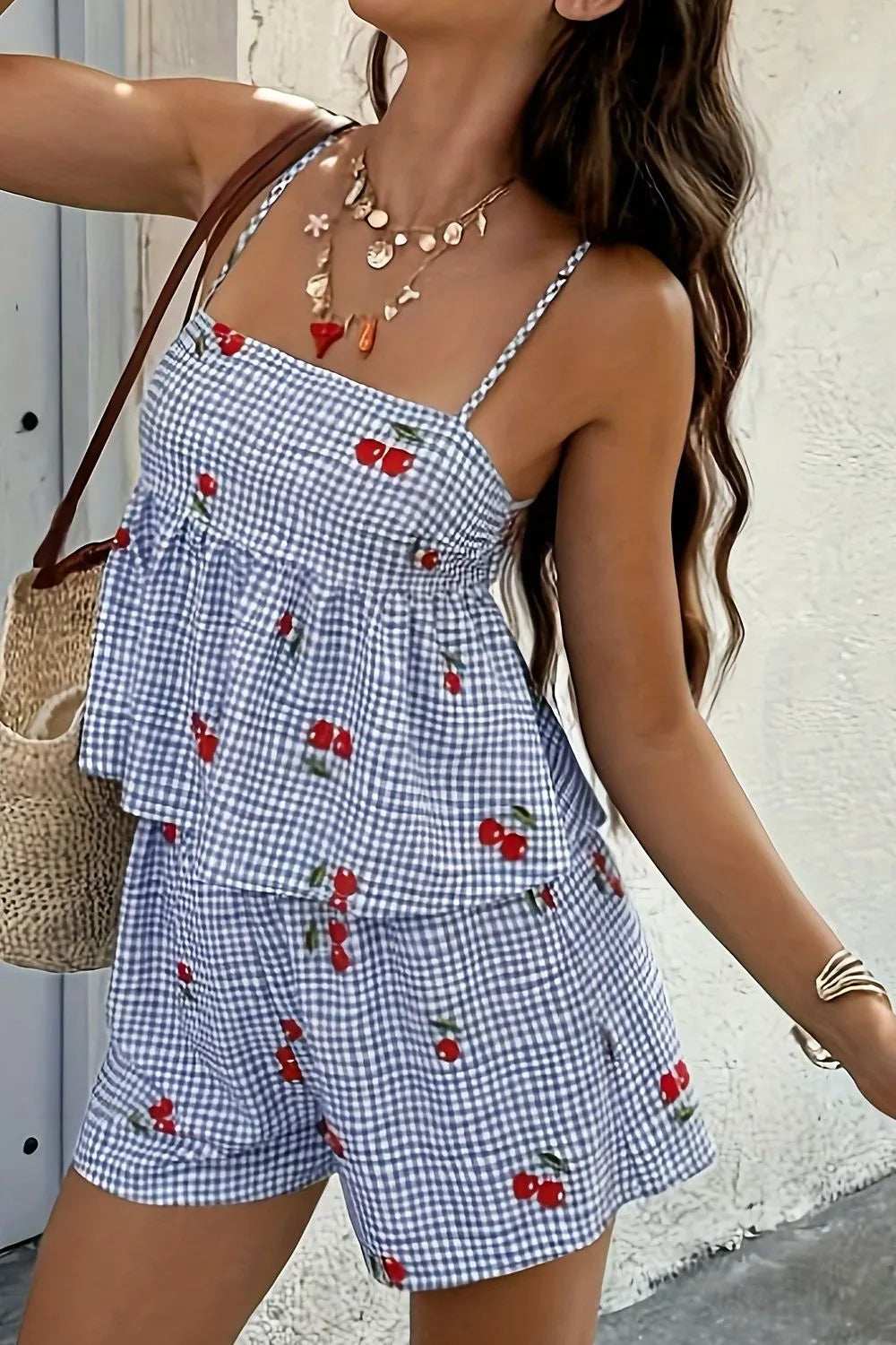 Floral Gingham Print Cami and Shorts Two-Piece Set - Trendsi - Flyclothing LLC