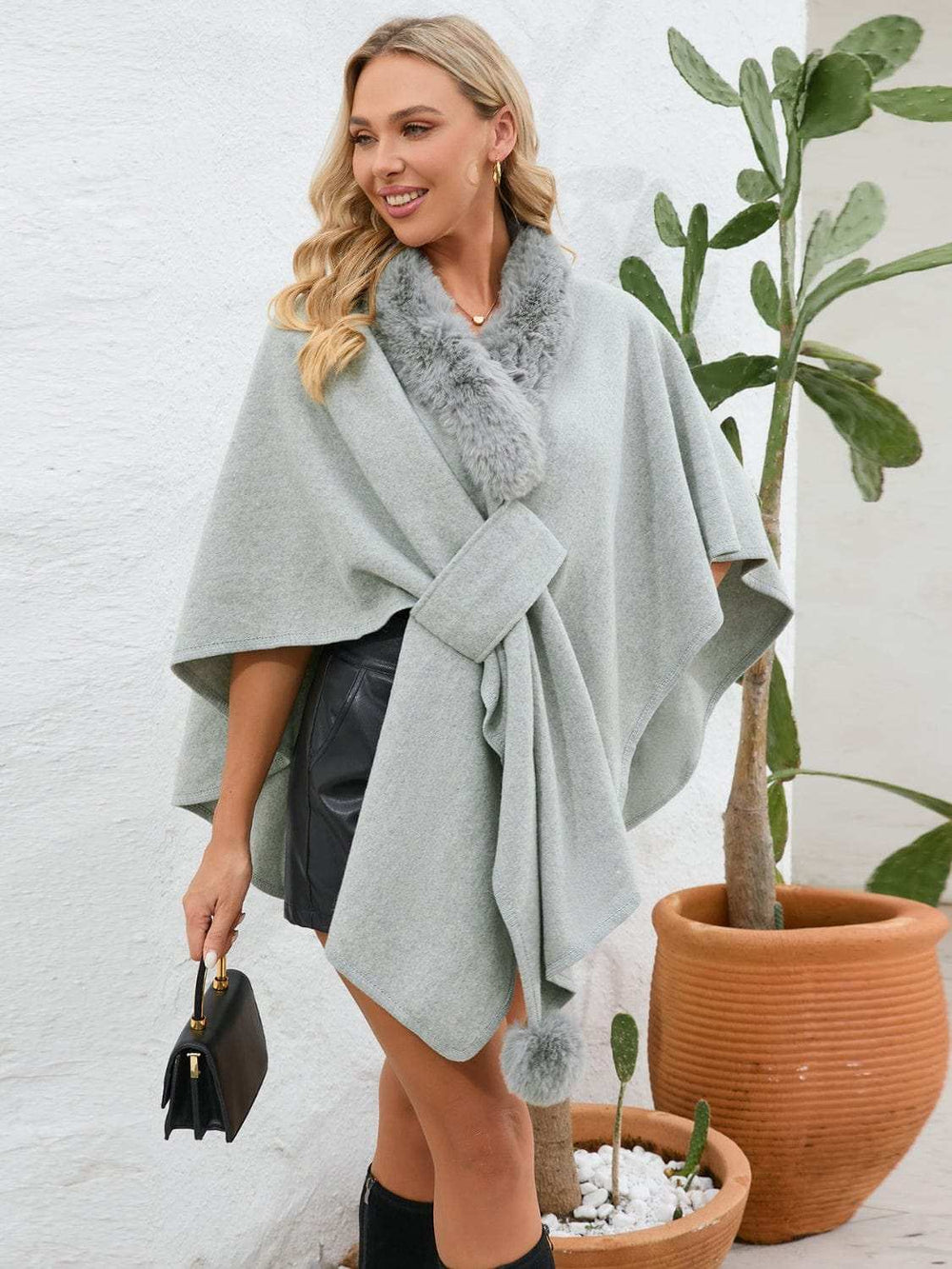 Fuzzy Trim Open Front Poncho - Trendsi - Flyclothing LLC