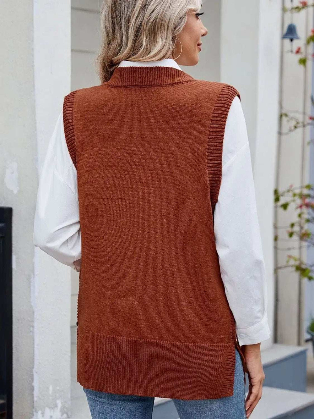 Buttoned Round Neck Sweater Vest - Trendsi - Flyclothing LLC
