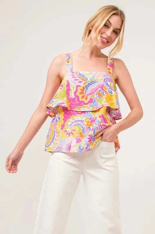 And The Why Square Neck Tiered Paisley Printed Top - Trendsi - Flyclothing LLC