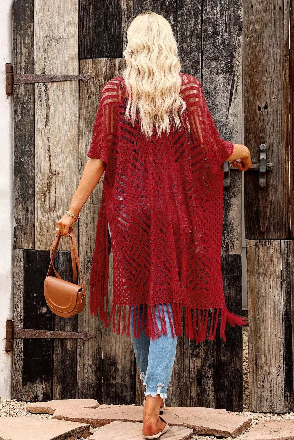 Openwork Open Front Cardigan with Fringes - Trendsi - Flyclothing LLC