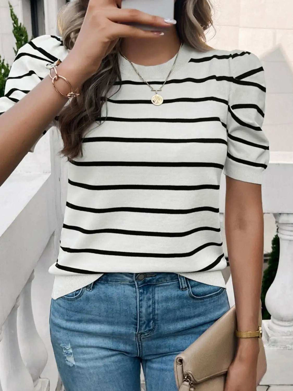 Striped Round Neck Puff Sleeve Knit Top - Trendsi - Flyclothing LLC