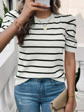 Striped Round Neck Puff Sleeve Knit Top - Trendsi - Flyclothing LLC
