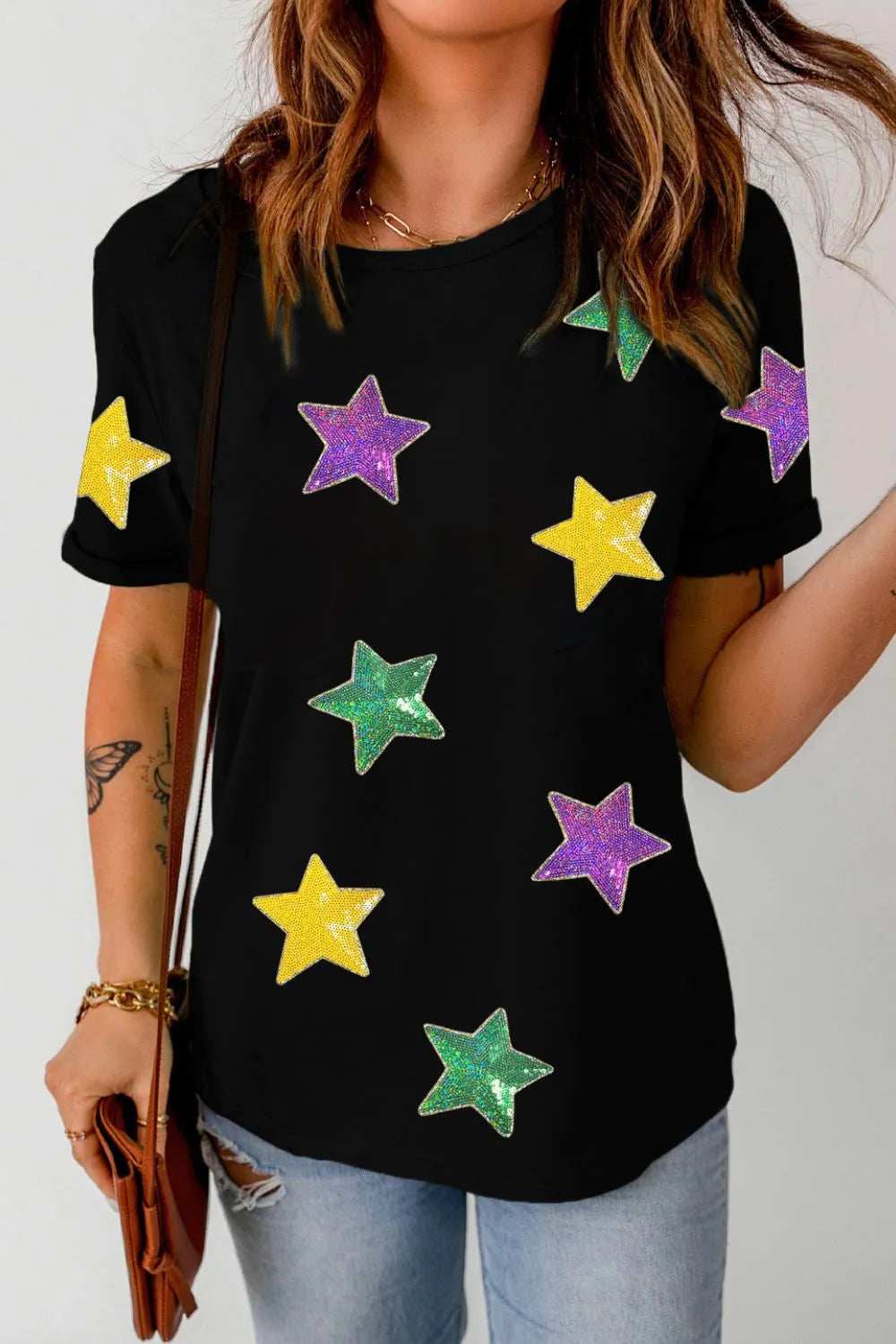 Sequin Stars Patched Round Neck T-Shirt - Trendsi - Flyclothing LLC