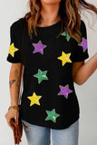 Sequin Stars Patched Round Neck T-Shirt - Trendsi - Flyclothing LLC