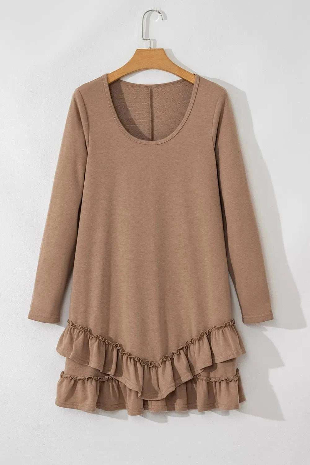 Ruffled Scoop Neck Three-Quarter Sleeve Mini Dress - Trendsi - Flyclothing LLC