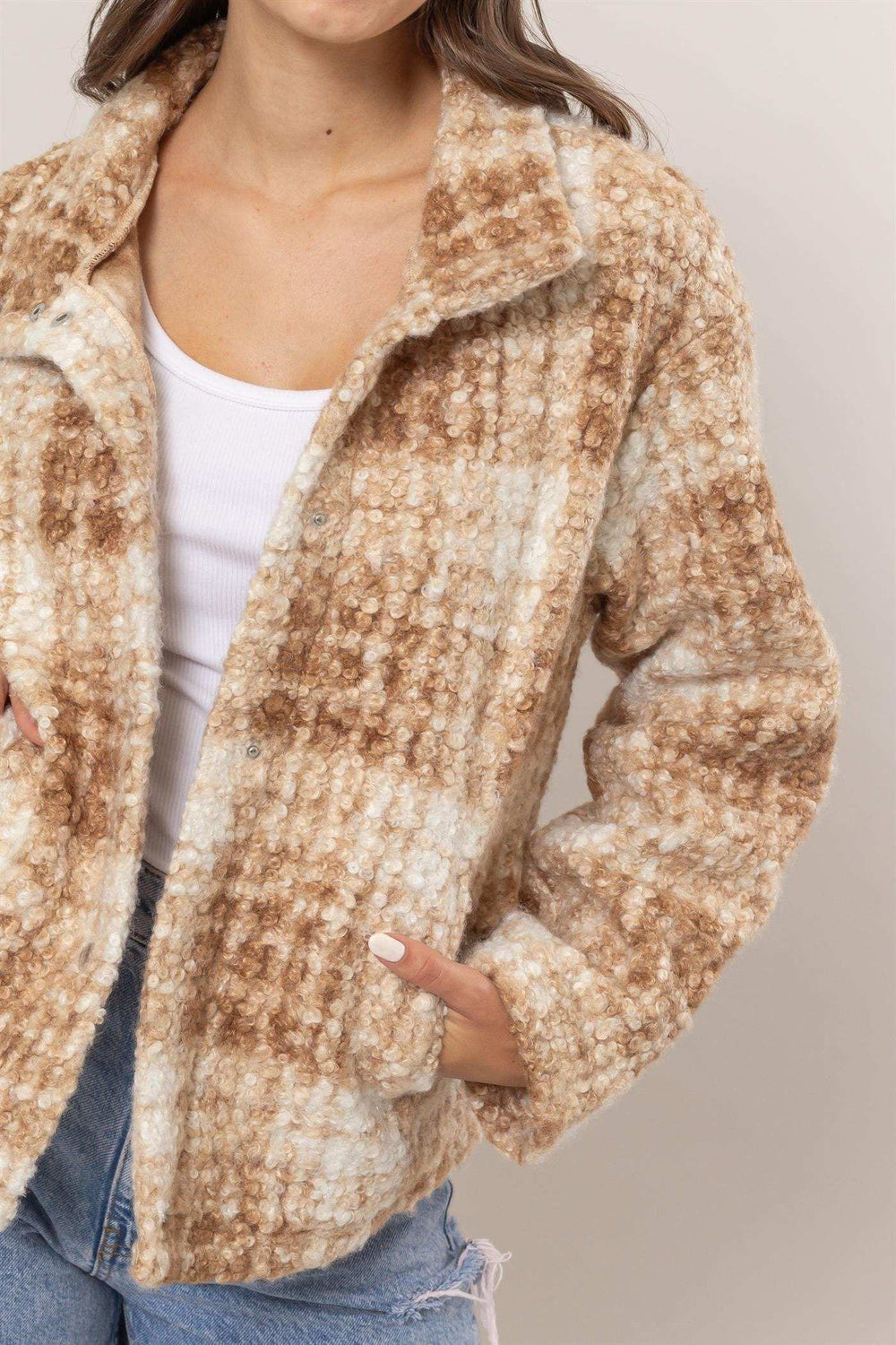 HYFVE Plaid Collared Neck Boucle Jacket with Pockets - Trendsi - Flyclothing LLC