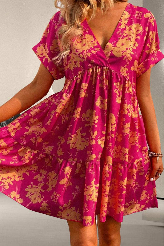 Printed Surplice Short Sleeve Mini Dress - Trendsi - Flyclothing LLC