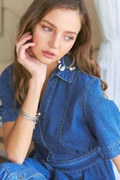 ADORA Tiered Button Down Tie Waist Short Sleeve Denim Dress - Trendsi - Flyclothing LLC