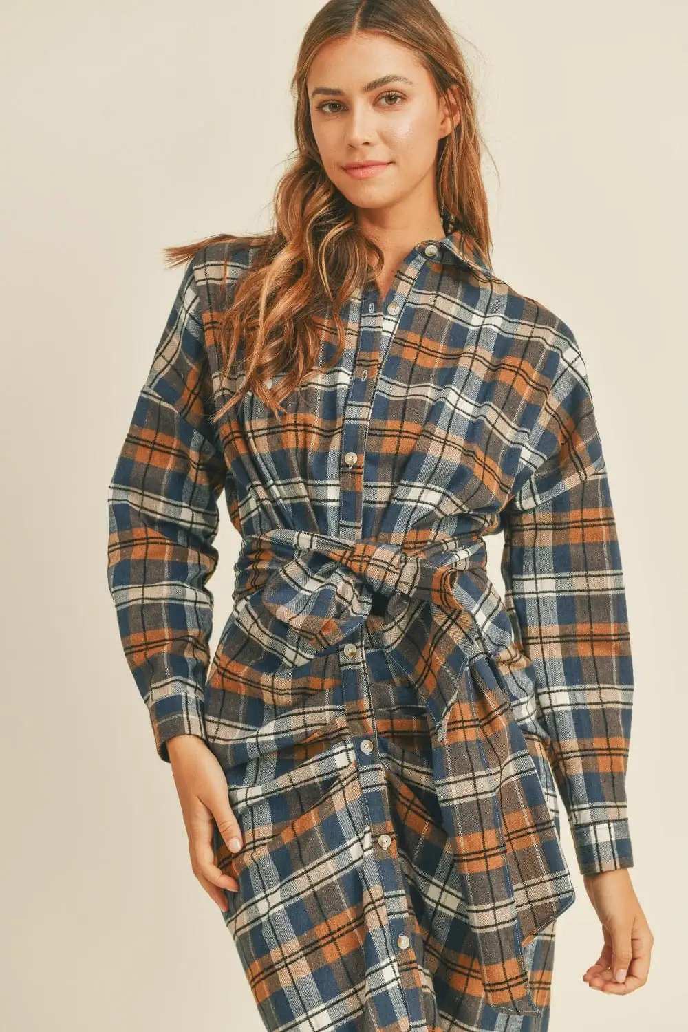 Mable Plaid Flannel Front Tie Button Down Shirt Dress - Trendsi - Flyclothing LLC