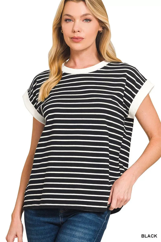 Zenana Full Size Contrast Trim Cap Sleeve Stripe Tee Plus Size - Trendsi - Flyclothing LLC