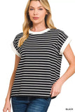 Zenana Full Size Contrast Trim Cap Sleeve Stripe Tee Plus Size - Trendsi - Flyclothing LLC