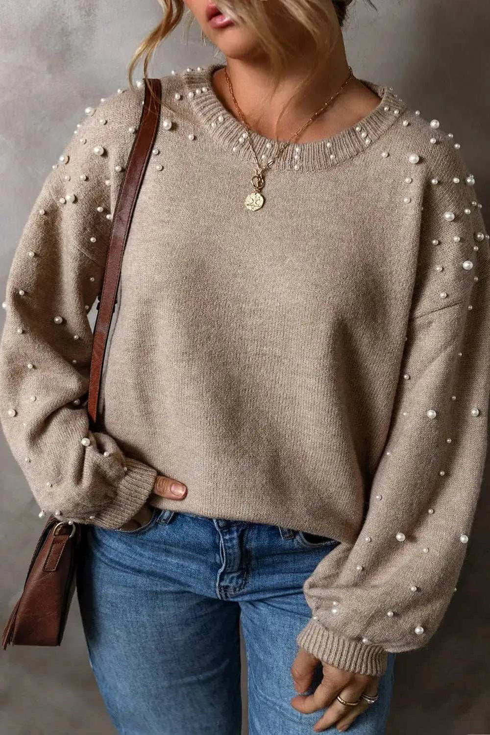 Plus Size Pearl Detail Round Neck Long Sleeve Sweater - Trendsi - Flyclothing LLC