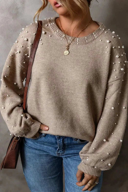 Plus Size Pearl Detail Round Neck Long Sleeve Sweater - Trendsi - Flyclothing LLC