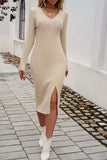 Slit V-Neck Long Sleeve Midi Dress - Trendsi - Flyclothing LLC