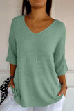 V-Neck Three-Quarter Sleeve Knit Top - Trendsi - Flyclothing LLC