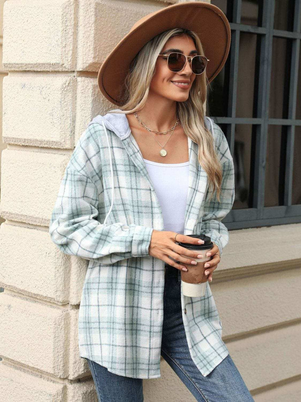 Drawstring Plaid Button Up Hooded Jacket - Trendsi - Flyclothing LLC